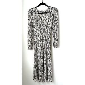Mango Midi Dress XXS Floral Print Long Sleeve Black And Off White